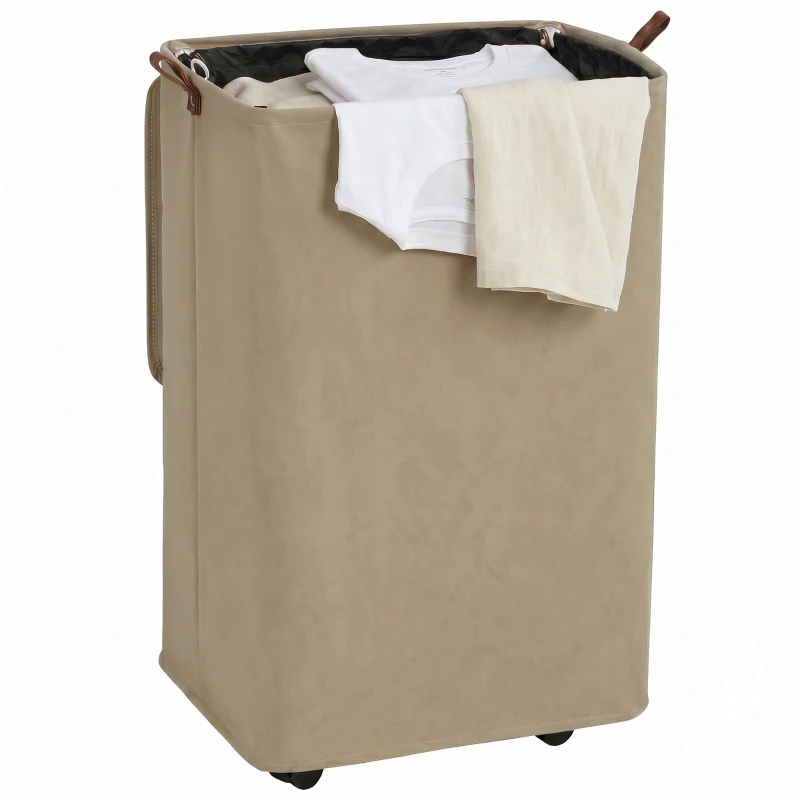 HOMCOM Coș de Rufe cu Capac și Roți 50L Coș pliabil cu Sac cu Cordon Detașabil 40x30x65 cm Camel