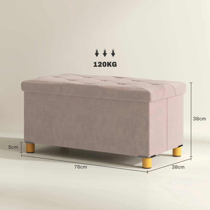 HOMCOM Velvet Upholstered Foldable Ottoman Footrest, Storage Ottoman Bench with Wood Legs for Living Room, Pink