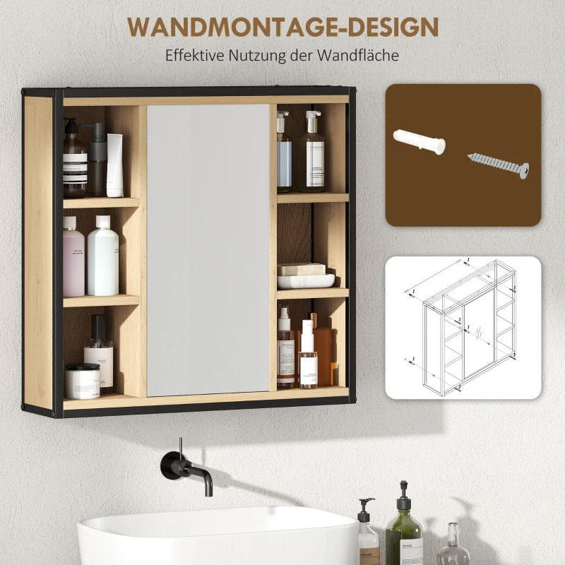 HOMCOM Badezimmer-Spiegelschrank, 6 offene Fächer, 3-stufiges Regal, Wandmontage, Eiche