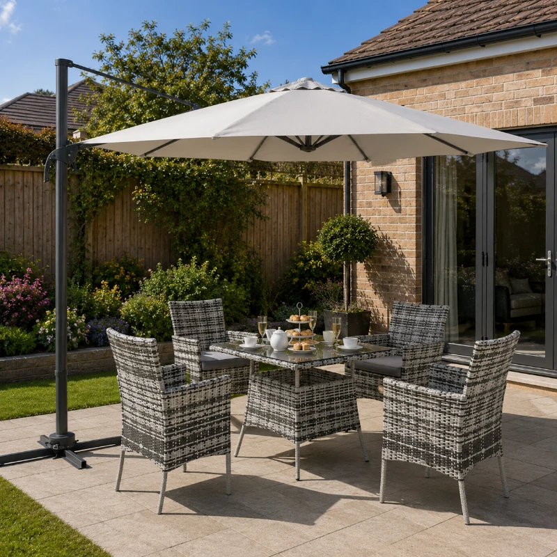 Outsunny 3(m) LED Cantilever Parasol Garden Sun Umbrella w/ Cross Base and Solar Lights Grey