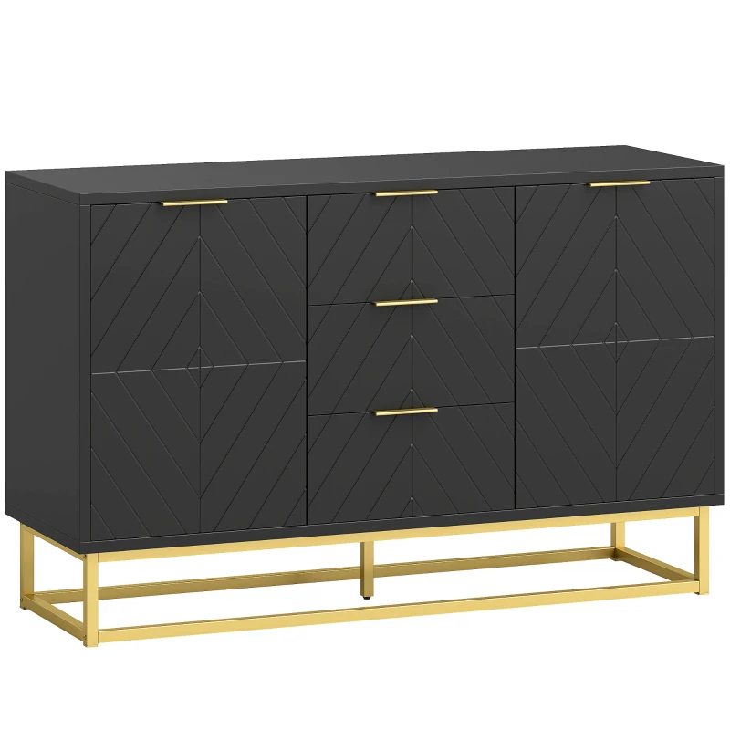 HOMCOM Buffet design contemporain graphique 2 placards porte étagères réglables 3 tiroirs coulissants en bois noir métal doré