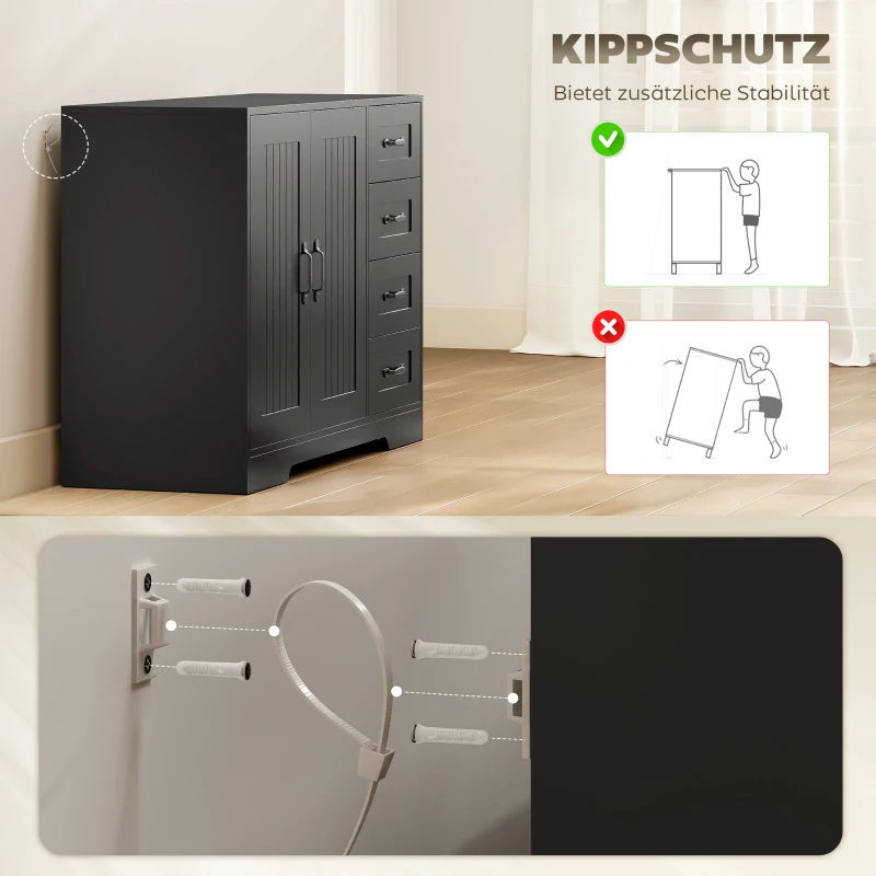 HOMCOM Sideboard, Kommode, moderner Stil, 4 Schubladen, 1 Schrank, 105 x 40 x 76 cm, Schwarz