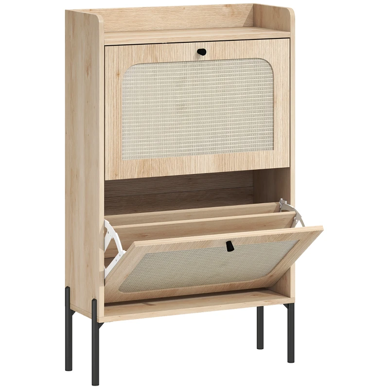 HOMCOM Meuble à chaussures 12 paires, armoire à chaussures, 2 tiroirs rabattables, portes en rotin et étagères réglables, chêne