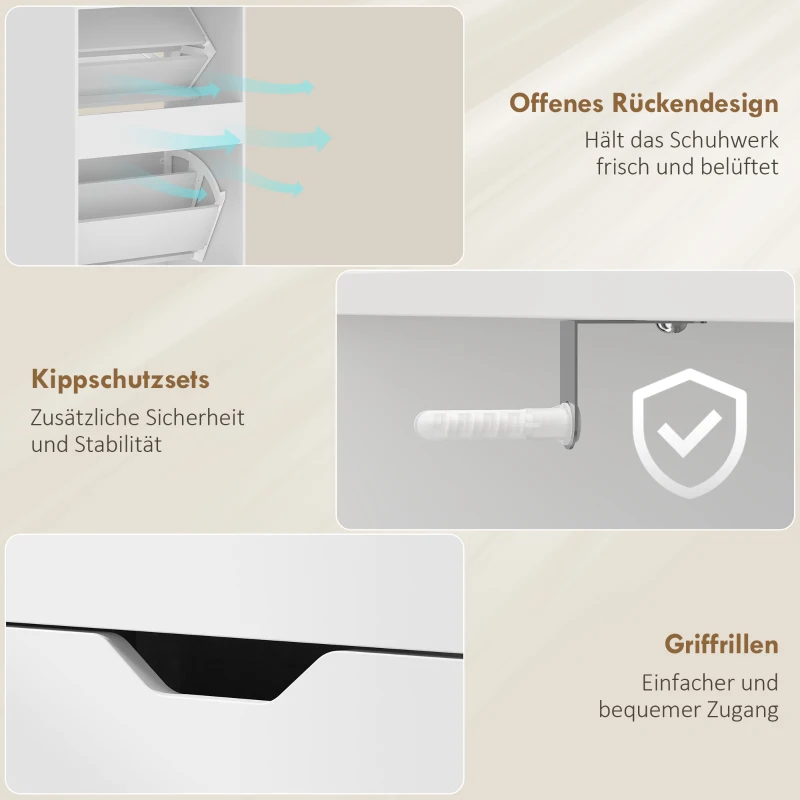 HOMCOM Schmaler Schuhschrank mit 3 Klappfächern, Verstellbaren Einlegeböden und Offenem Fach, Platz für 12-18 Paare, Weiß