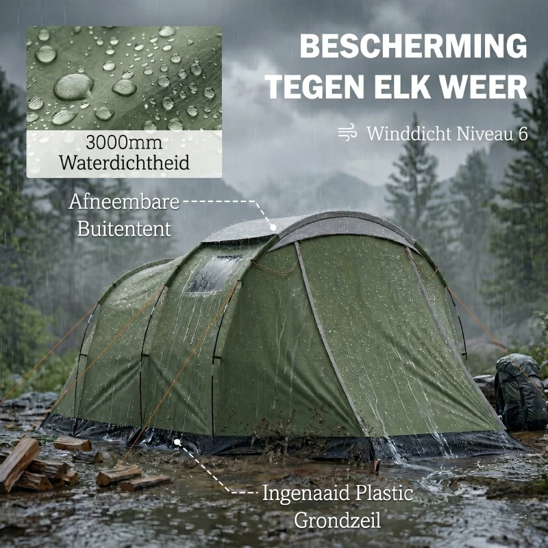 Outsunny Campingtent voor 3-4 personen stevig 3000 mm waterdicht familietent met slaapcabine voortent leefruimte Groen