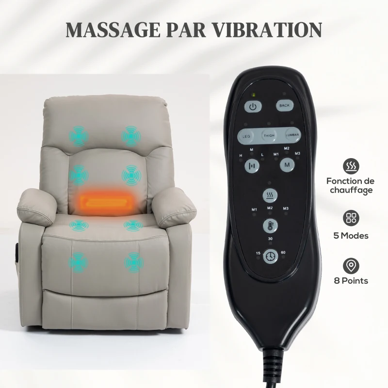 HOMCOM Fauteuil releveur électrique, fauteuil relax électrique avec fonction massage et chauffage, 89 x 94,5 x 103 cm, gris(m-5)