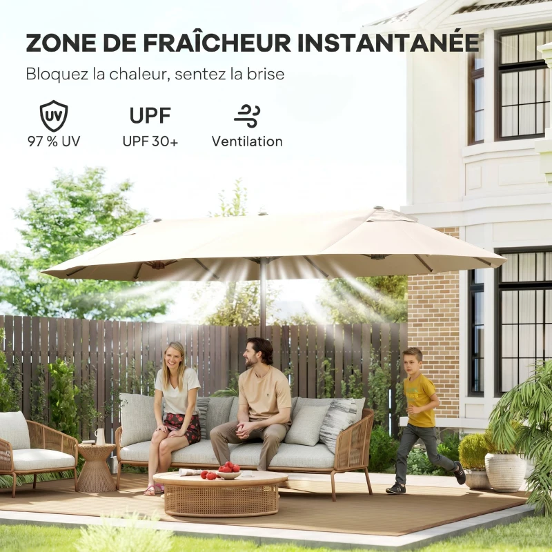 Outsunny Parasol de jardin exterieur parasol double 4,6L x 2,7l x 2,4H m ouverture fermeture manivelle acier polyester haute densité crème