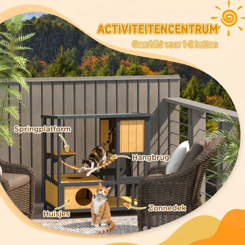 PawHut Katzenhuis Kattenhut Kattenhol, weerbestendig, 1 helling, 1 platform, 84,5 x 60 x 88 cm, Groen + Natuur(m-4)