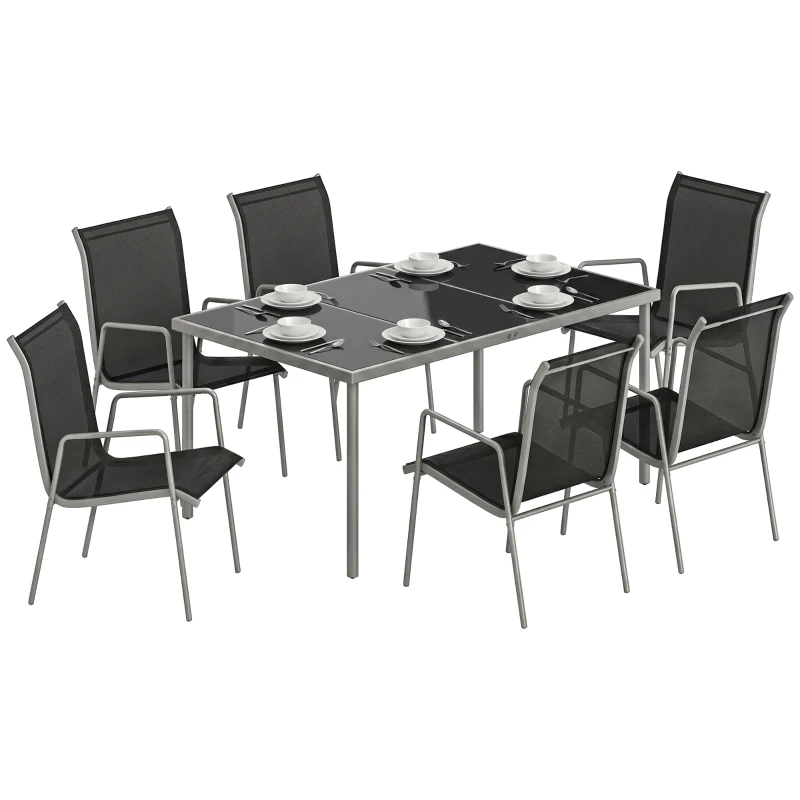 Outsunny Salon de Jardin 6 Personnes Ensemble Table et Chaises Jardin avec Chaises Empilables en Textilène 70x51x87cm Argent