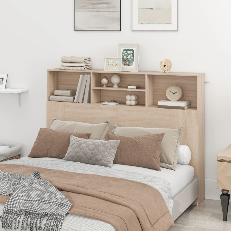 HOMCOM Tête de lit sur pied avec rangements, accessoire de lit 4 compartiments ouverts, 140 x 19 x 103,5 cm, effet bois naturel