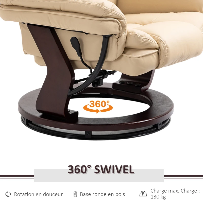 HOMCOM Fauteuil relax inclinable 135° grand confort pivotant 360° avec repose-pieds revêtement PU beige