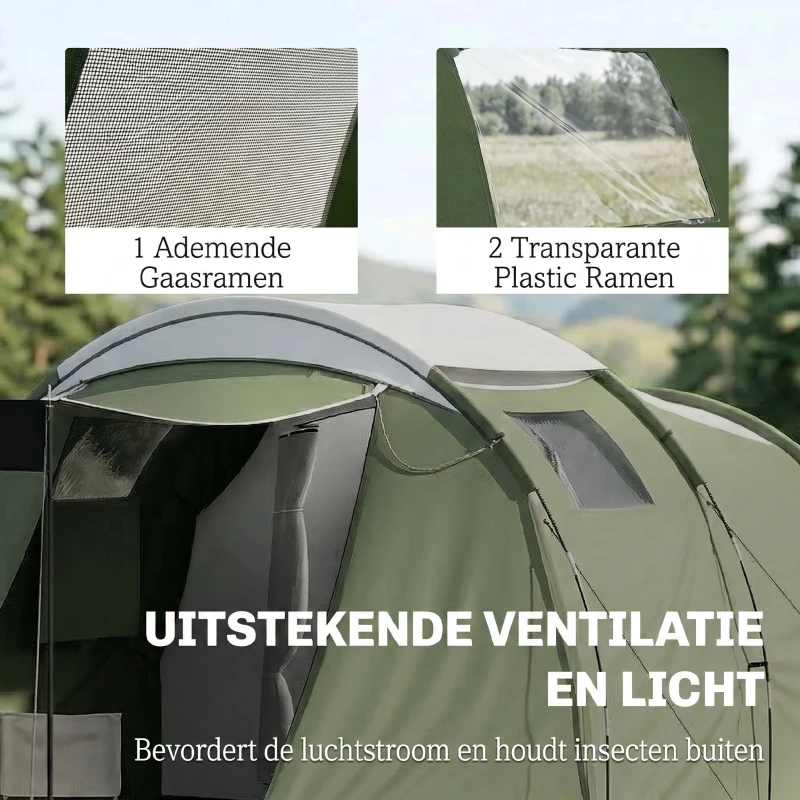 Outsunny Campingtent voor 3-4 personen stevig 3000 mm waterdicht familietent met slaapcabine voortent leefruimte Groen