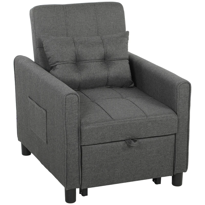 HOMCOM Fotoliu Pat Single 3 în 1 din Material Textil Tip In și Lemn cu Spătar Reclinabil, Pernă, Buzunare, Gri