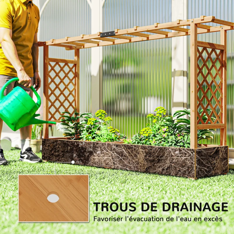 Outsunny Jardinière surélevée avec treillis latéral et supérieur, bac à fleurs trous de drainage, 200x44x113,5cm, bois naturel