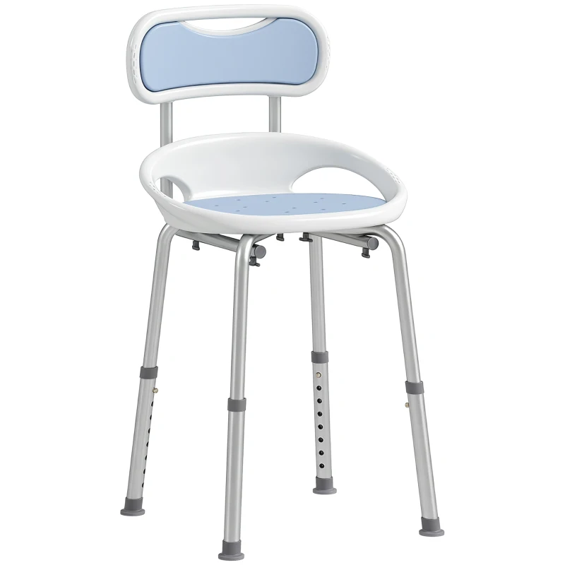 HOMCOM Chaise de douche avec dossier et siège ajouré, 8 hauteurs réglables, antidérapant, capacité 136kg, Bleu