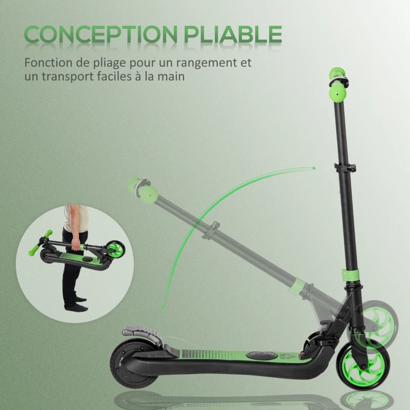 HOMCOM Trottinette électrique enfants 6 ans + pliable scooter électrique vitesse 8 km/h 71x36,5x75-80cm, aluminium, acier, vert(m-6)