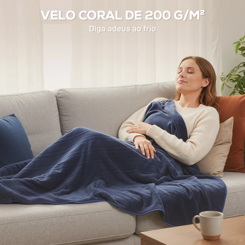 HOMCOM Manta Elétrica Grande Manta Térmica Sofá de Coralina com 10 Níveis de Temperatura e Temporizador 180x130 cm Azul