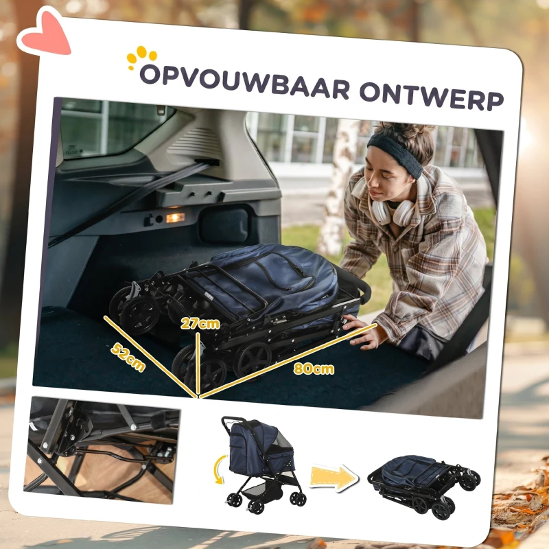 PawHut Hondenbuggy Opvouwbaar, 1 Mand, 2 Remmen, inclusief Veiligheidslijn, Blauw