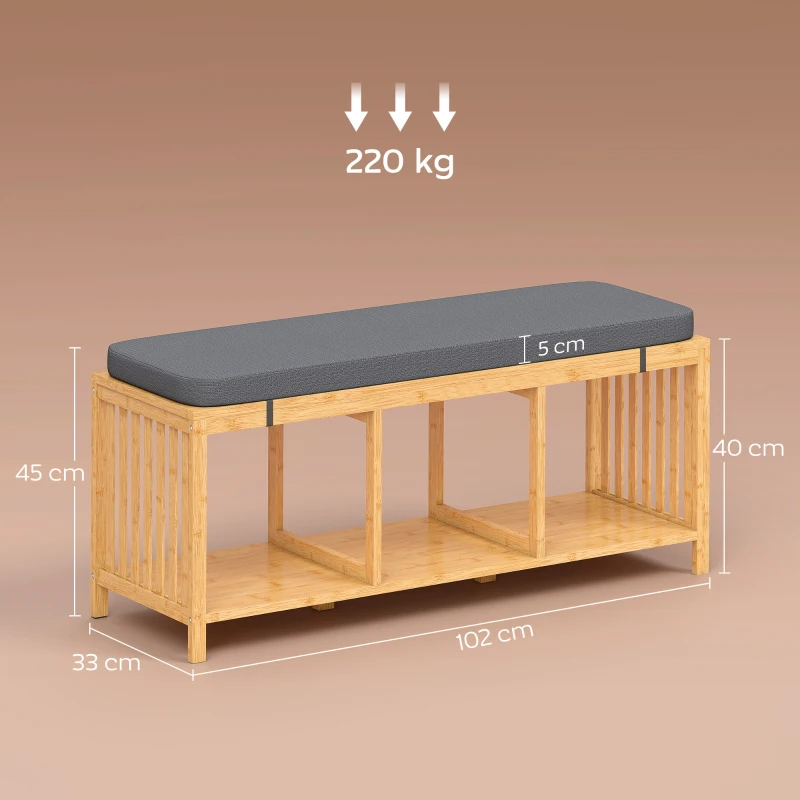 HOMCOM Bamboo Shoe Bench, Entryway Storage Bench with Padded Cushion and Open Shelf, Natural Wood Finish