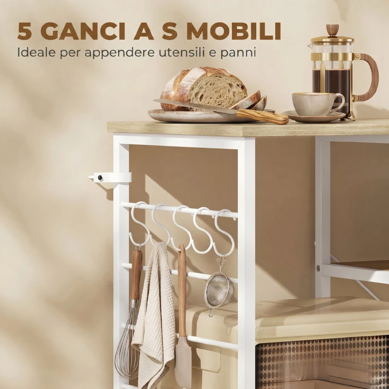 HOMCOM Scaffale Cucina con Ripiani in Legno e Metallo con 5 Ganci, Salvaspazio, 90x39x83.5 cm, Rovere