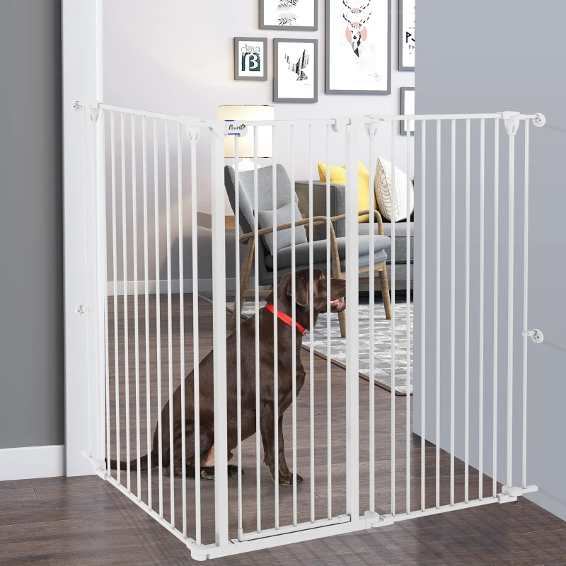 PawHut Barrière pour chien en acier à 3 panneaux pliante double verrouillage et porte intégrée pour porte et escalier blanc