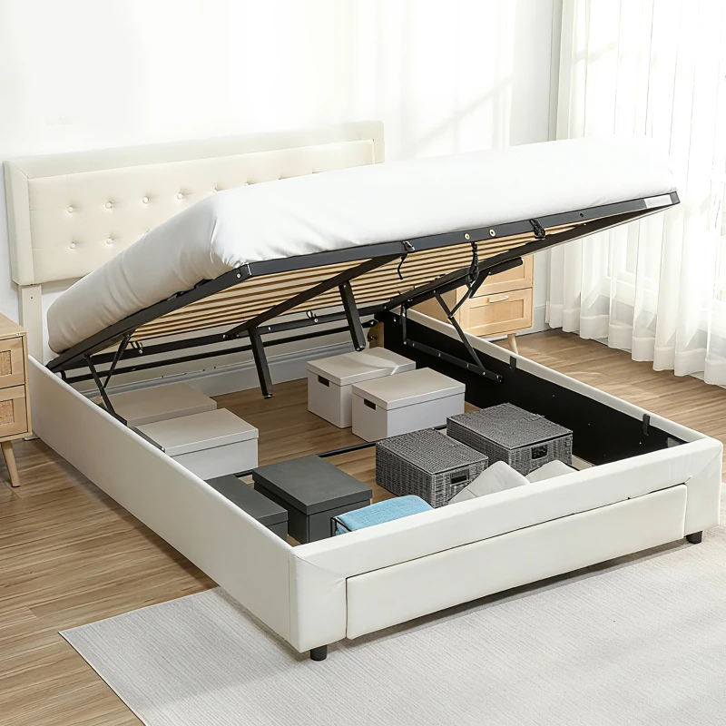 HOMCOM King Size Ottoman Bed Frame, with Front Drawer - Cream