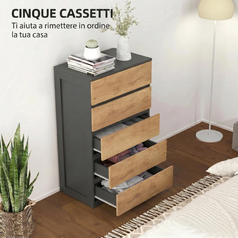 HOMCOM Cassettiera 5 Cassetti in Legno con Guide in Metallo e Maniglie Scanalate, 60x39x100 cm, Nero e Rovere