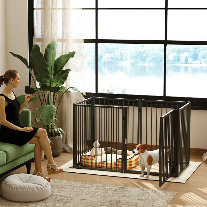 PawHut Puppyren, Hondenren, Puppy Omheining, 6 Panelen met Deur, Opvouwbaar en Draagbaar Hondenhek, Staal, Zwart
