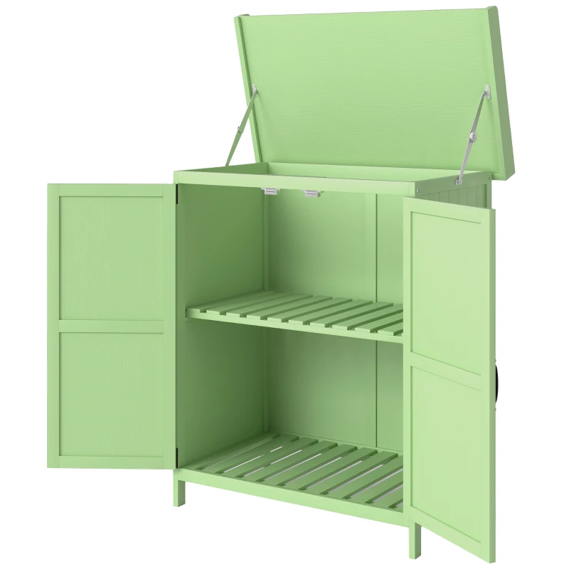 Outsunny Wooden Garden Shed, Garden Tool Storage Shed with Hinged Roof and Shelf, Outdoor Storage Cabinet with Double Doors, Light Green
