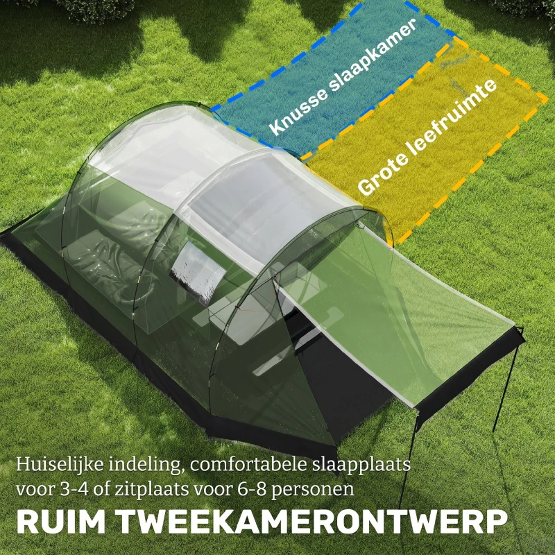 Outsunny Campingtent voor 3-4 personen stevig 3000 mm waterdicht familietent met slaapcabine voortent leefruimte Groen