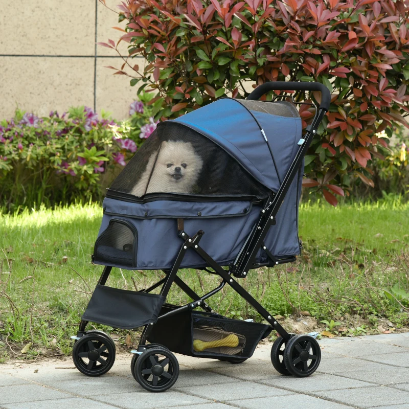 PawHut Hondenbuggy Opvouwbaar, 1 Mand, 2 Remmen, inclusief Veiligheidslijn, Blauw