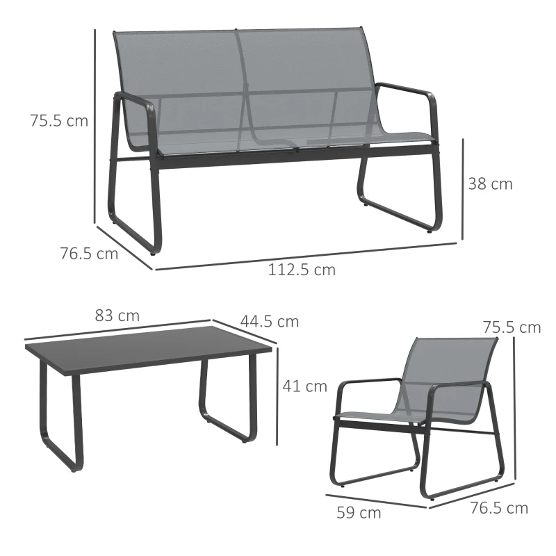 Outsunny Set da Esterno 4pz con Tavolino da Caffè, Panchina 2 Posti e 2 Sedie, in Metallo e Texteline Grigio Chiaro
