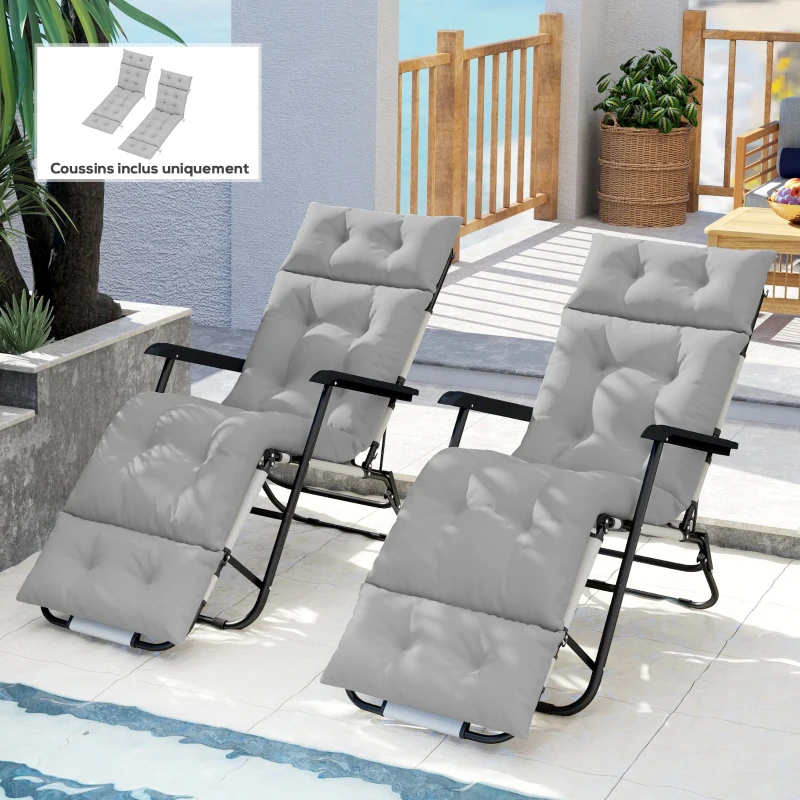 Outsunny Lot de 2 coussins de chaise longue coussin bain de soleil épais, confortable - 6 attaches, 190 x 56 x 10 cm, gris clair