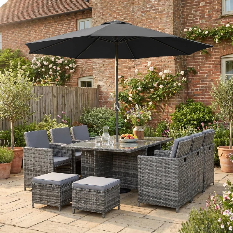 Outsunny 3(m) Tilting Parasol Garden Umbrellas, Outdoor Sun Shade with 8 Ribs, Tilt and Crank Handle for Balcony, Bench, Garden, Dark Grey