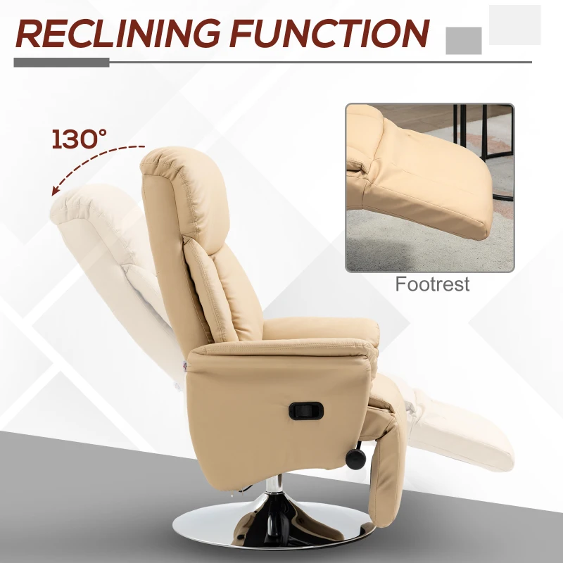 HOMCOM Adjustable Swivel Recliner, Manual Recliner Chair with Footrest, Padded Arms, PU Leather Upholstery, Beige