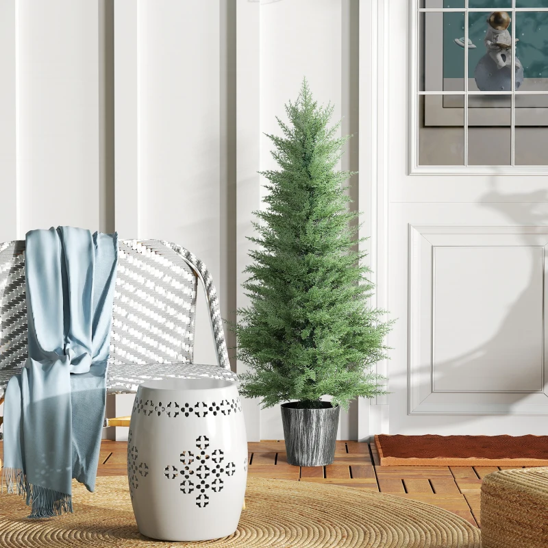 HOMCOM 135cm Artificial Cypress Trees Set of 2, UV Resistant Artificial Plants with Decorative Pot, Fake Plants for Indoor Outdoor Decor, Green