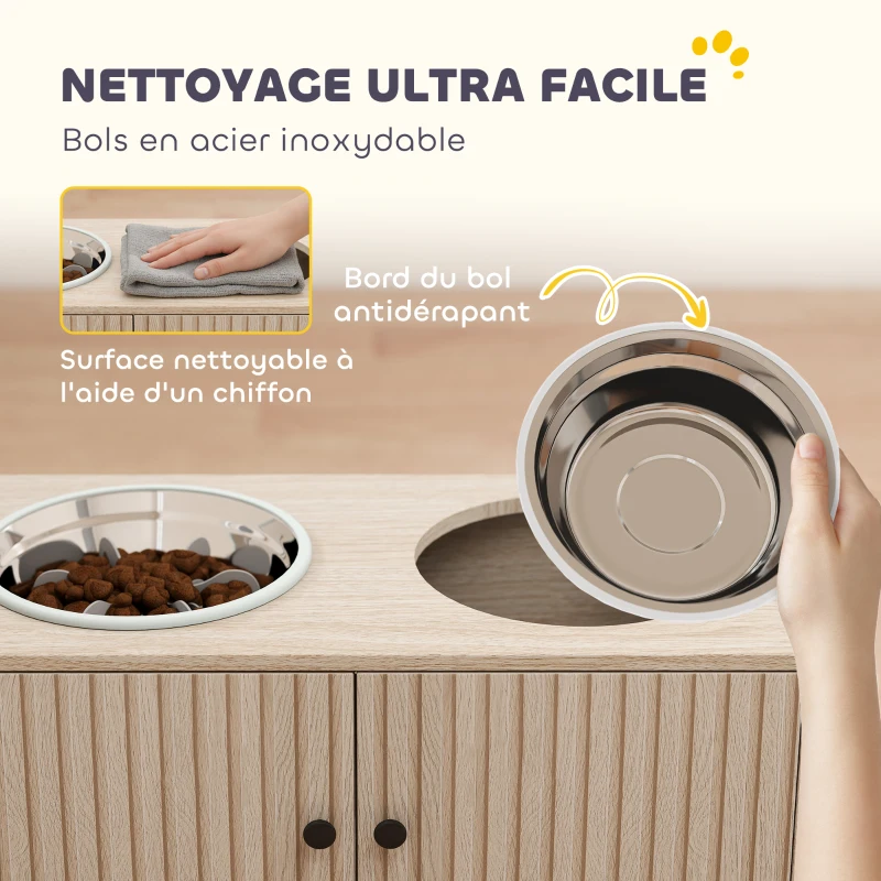 PawHut Gamelles pour chiens surélevées porte-gamelles avec rangement de 40L, 2 bols en acier inoxydable 60 x 30 x 35,5 cm chêne