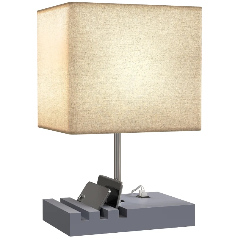 HOMCOM Bedside Lamp with USB A+C Charging Ports and 3 Phone Stands, Modern Table Lamp with Solid Wood Base and Fabric Shade for Bedroom Living Room Office, E27 Socket, Bulb Not Included, Grey