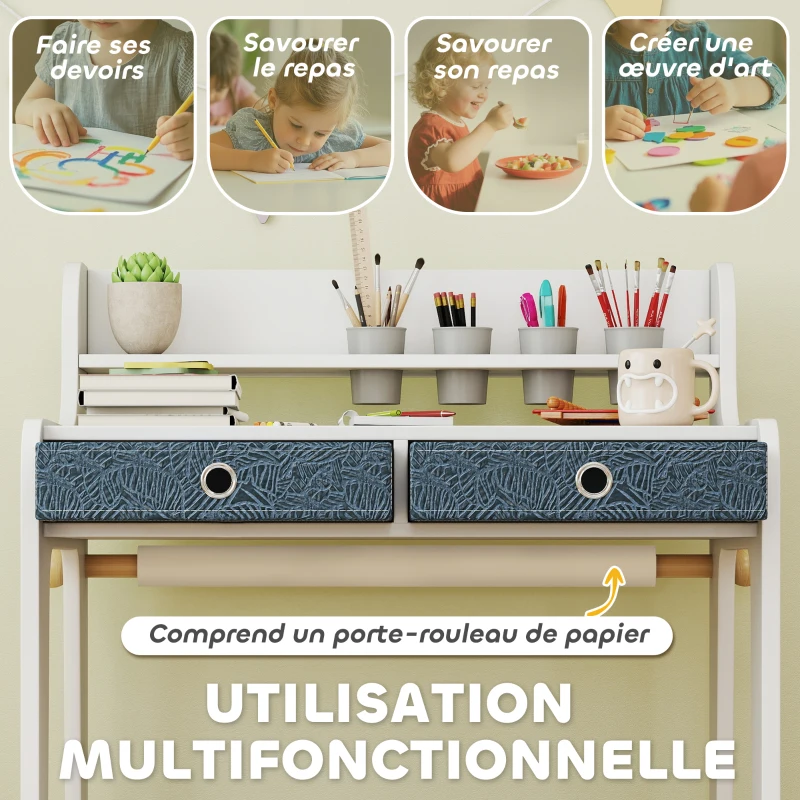 AIYAPLAY Bureau enfant avec chaise, table enfant et chaise avec 2 tiroirs en tissu et porte-gobelet, 62,8x55,6x73,8cm, blanc