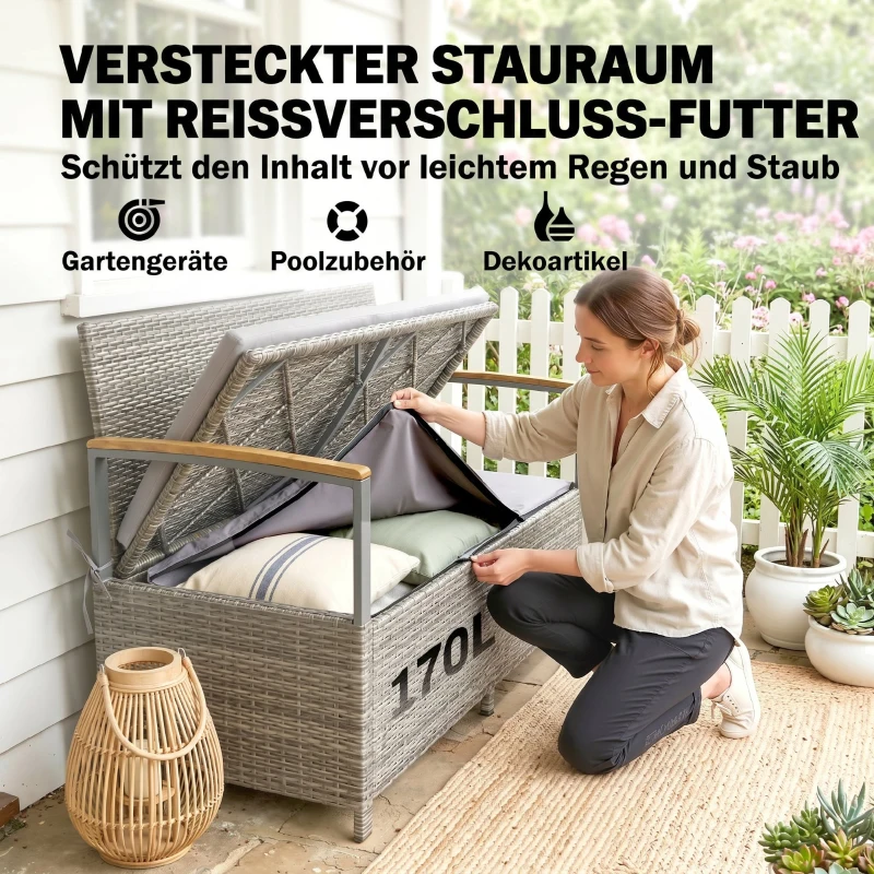 Outsunny Gartenbank Polyrattan 170L 2-Sitzer Sitzbank mit Stauraum abnehmbar Kissen Reißverschluss-Innenauskleidung Holz-Armlehne