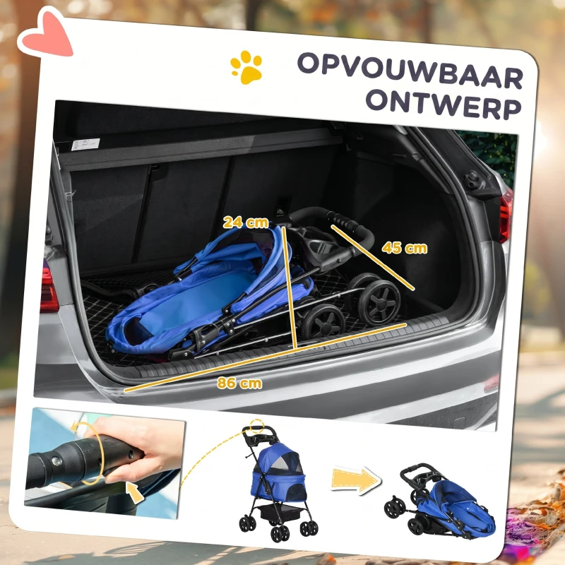 PawHut opvouwbare hondenbuggy blauw 67 x 45 x 96 cm