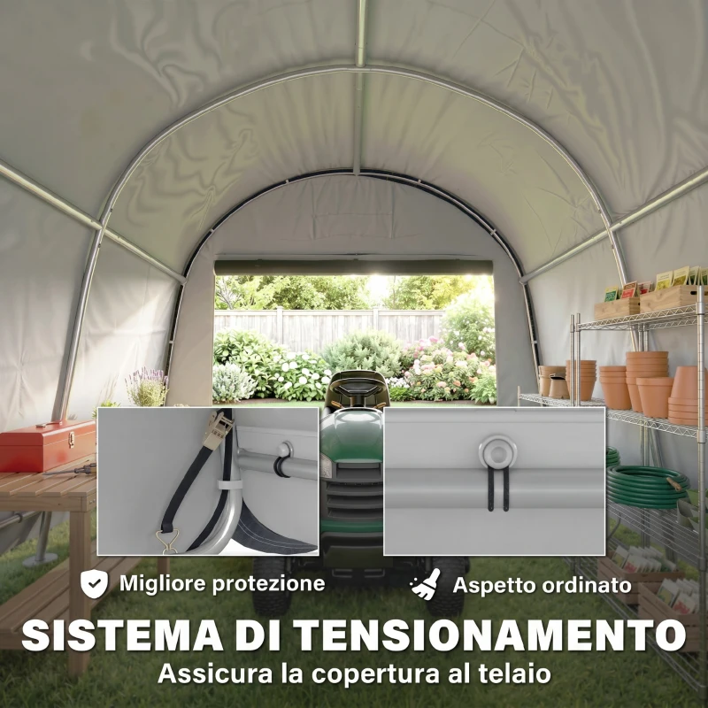 Outsunny Tendone da Giardino per Moto, Bici e Attrezzi con 2 Ingressi a Zip, in Acciaio e PE, 300x300x235 cm, Grigio