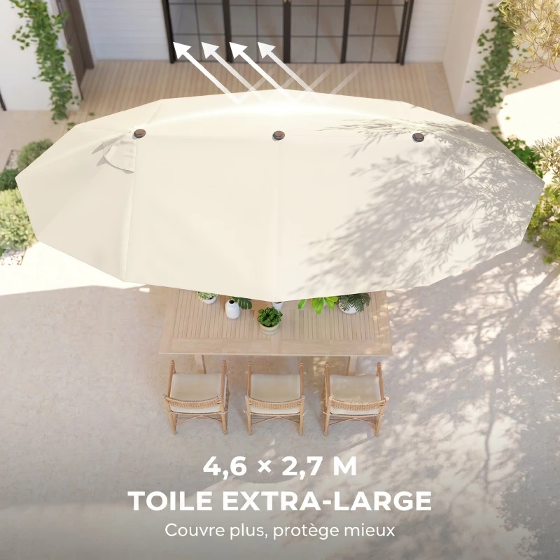 Outsunny Parasol de jardin exterieur parasol double 4,6L x 2,7l x 2,4H m ouverture fermeture manivelle acier polyester haute densité crème
