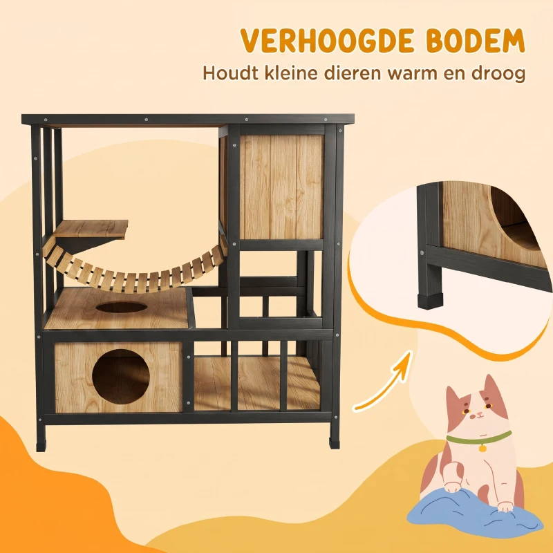 PawHut Katzenhuis Kattenhut Kattenhol, weerbestendig, 1 helling, 1 platform, 84,5 x 60 x 88 cm, Groen + Natuur(m-7)