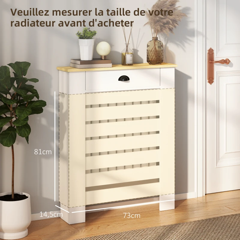 HOMCOM Couvercle de radiateur cache radiateur grille à lattes horizontales avec 2 tiroirs en bois 78l x 19P x 95,5H cm blanc