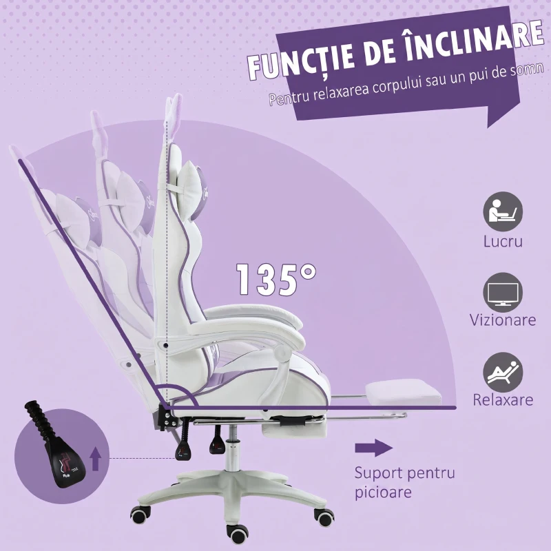 Vinsetto Scaun Gaming cu Urechi de Iepuraș, Suport pentru Picioare, Perne, Reglabil și Reclinabil, Mov