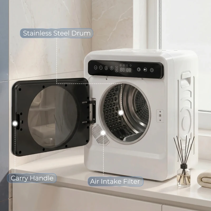 HOMCOM 5kg Vented Tumble Dryer, 1000W Compact Tumble Dryer with Smart Drying, Freestanding Stackable Clothes Drying Machine