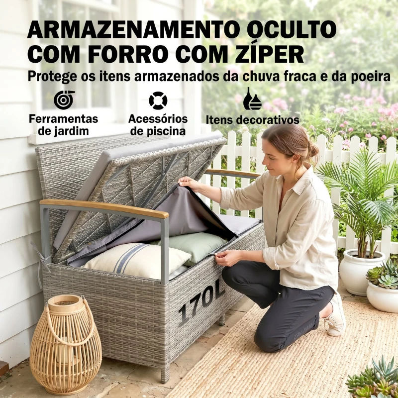 Outsunny Banco de Armazenamento Exterior 170 L com Almofada Lavável Encosto Apoios de Braços em Madeira de Acácia Cinzento Claro