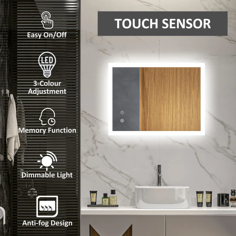 kleankin LED Badezimmerspiegel, Hintergrundbeleuchtung, Touch-Funktion, Memory-Funktion, kein Beschlagen, 80 x 60 cm