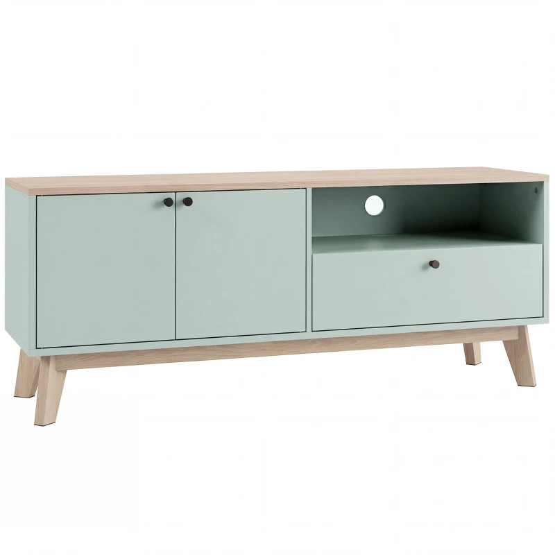 HOMCOM Meuble TV 120 cm, meuble télé pour téléviseur jusqu'à 36 pouces avec 2 portes, tiroir, compartiment ouvert, vert clair